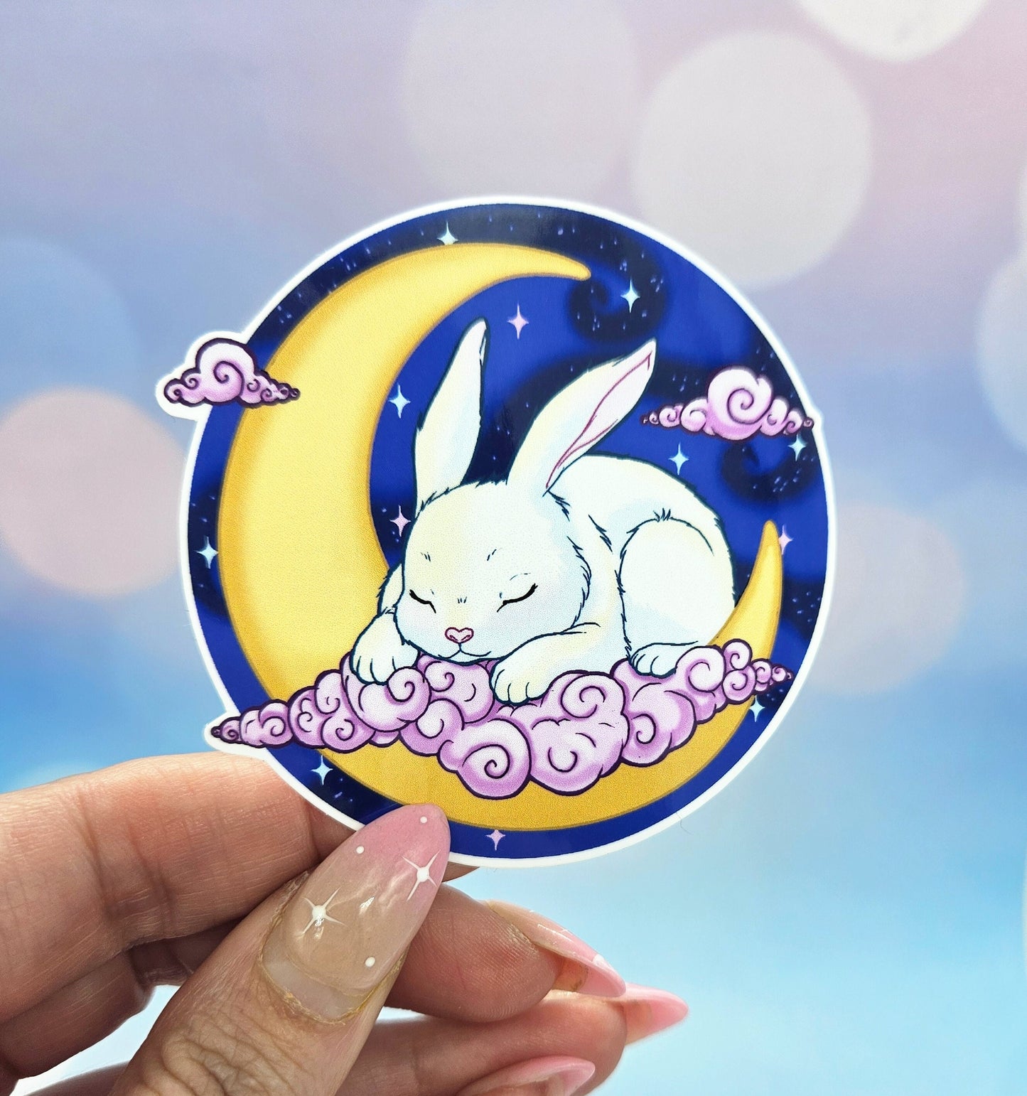 Moon Rabbit Sticker - Kawaii Bunny, Lunar, Dreamy Clouds, Night Sky Kawaiicore Waterbottle Laptop Decor