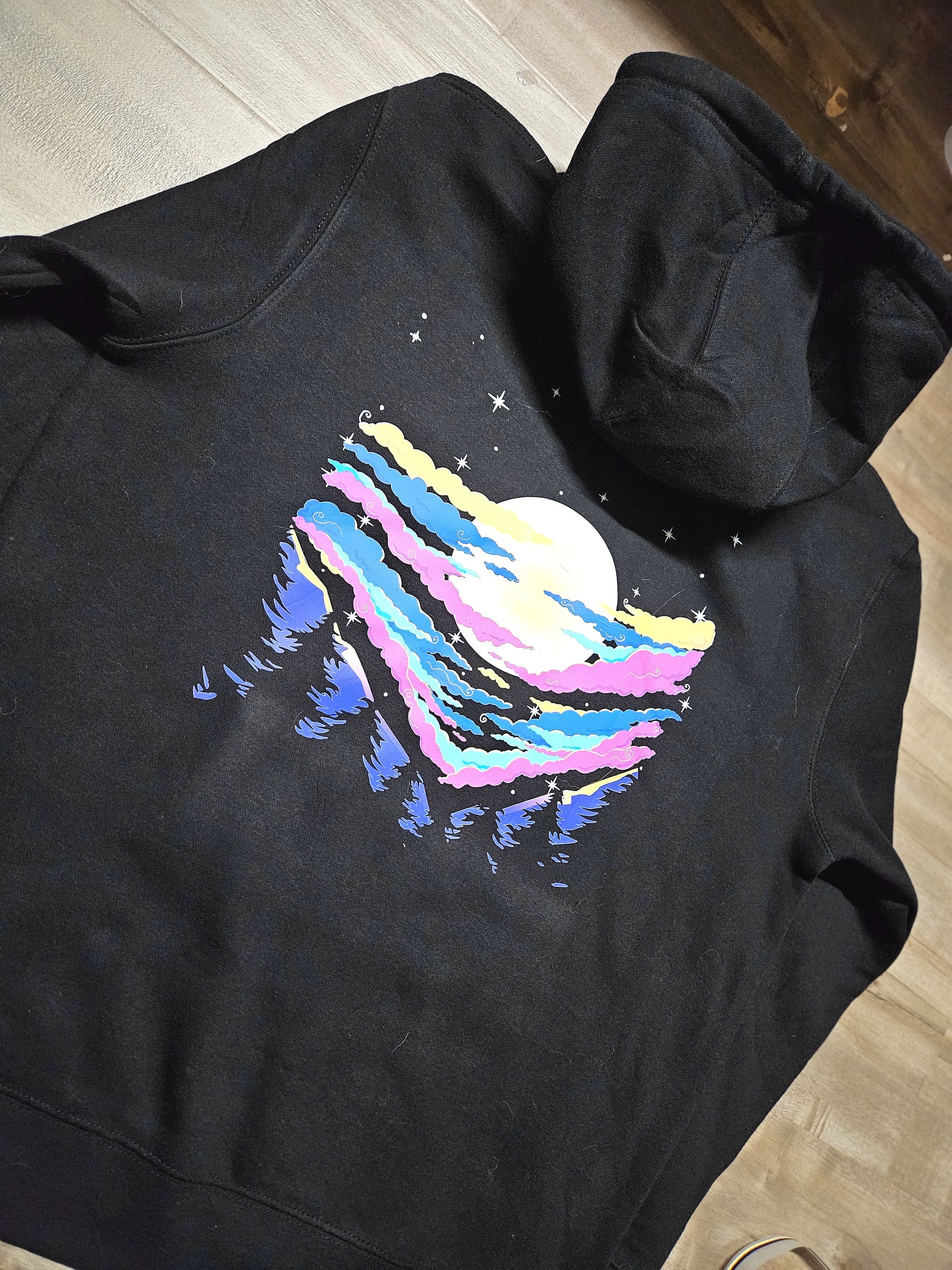 Dreamy Wanderer Hoodie - Moon, Clouds, Stars, Mountains, Nature, Colorful Dreamcore Vibe
