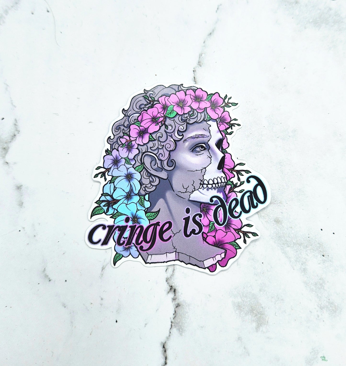 Cringe is Dead Statue Sticker - Millennial Vibe, Sarcastic Saying, Greek Statue, Vaporwave, Floral Waterbottle Laptop Decor