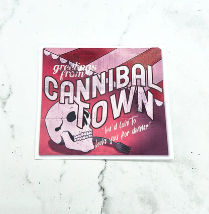 Cannibal Town Tourism Sticker - Postcard, Hazbin Hotel, Rosie, Creepy, Demon