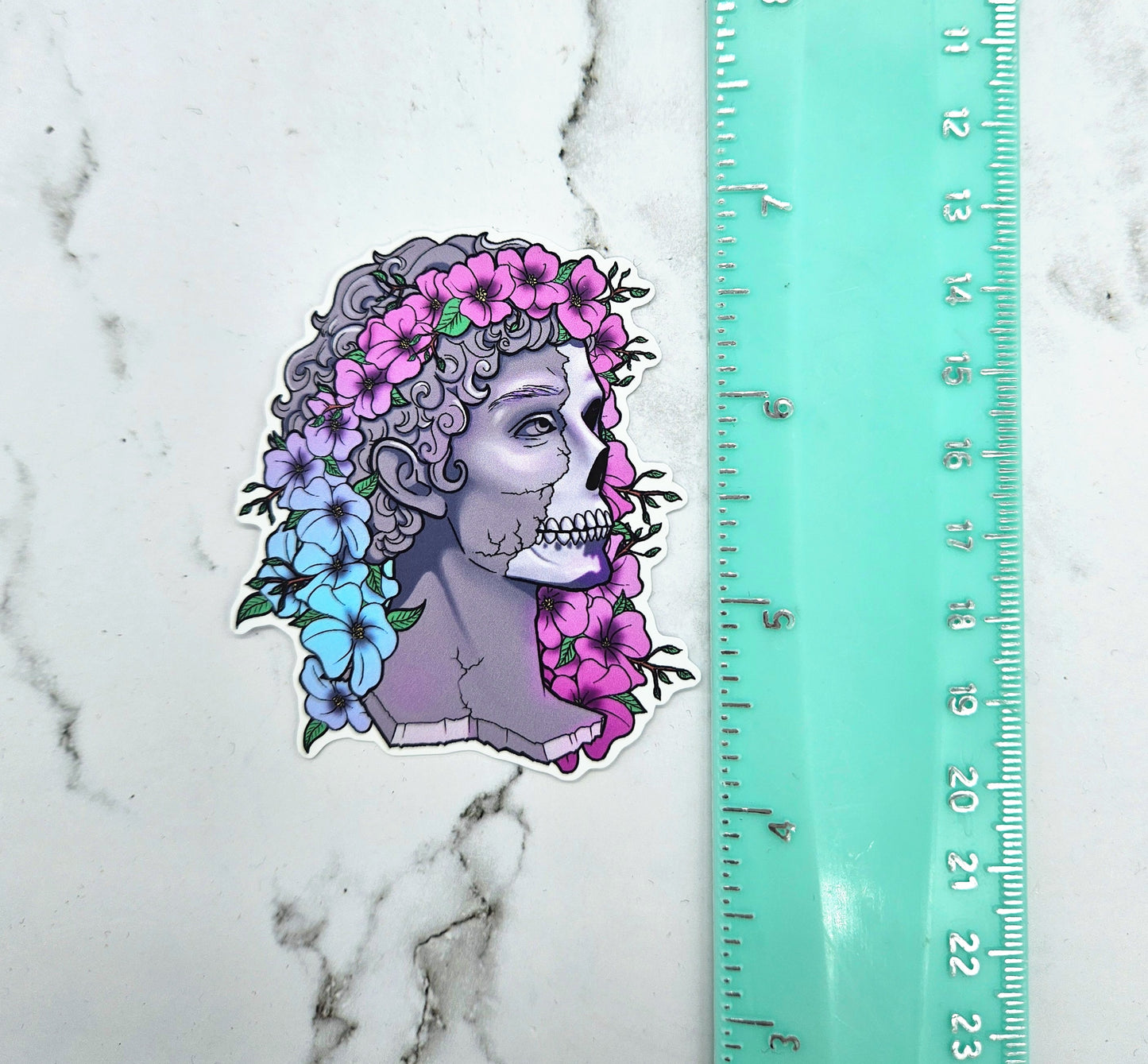 Greek Skeletal Statue Sticker - Glitch, Synthwave Outrun Aesthetic, Floral, Waterbottle Laptop Decor