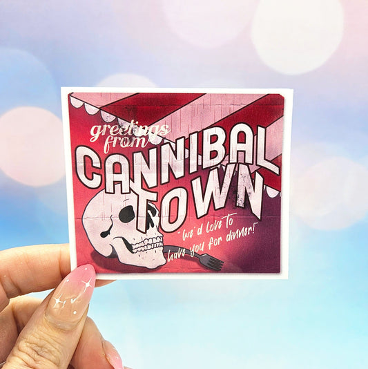 Cannibal Town Tourism Sticker - Postcard, Hazbin Hotel, Rosie, Creepy, Demon