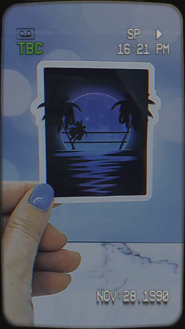 Vaporwave Moonrise Sticker - 1990s Y2K, Space, Synthwave Lunar Palm Trees Waterbottle Laptop Decor