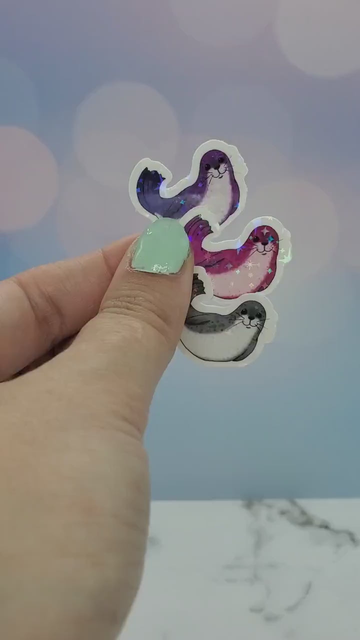 9pk Mini Holo Seal Stickers - Holographic Animal, Stars, Kawaii Ocean Aesthetic Waterbottle Laptop Decor