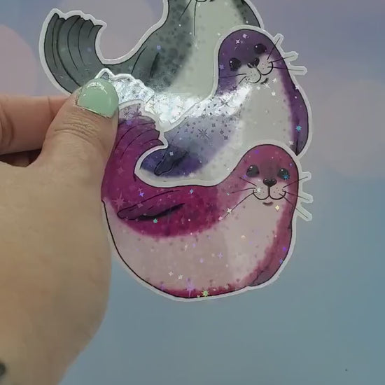 Happy Holo Seal Sticker Gray - Holographic Animal, Stars, Kawaii Ocean Aesthetic Waterbottle Laptop Decor