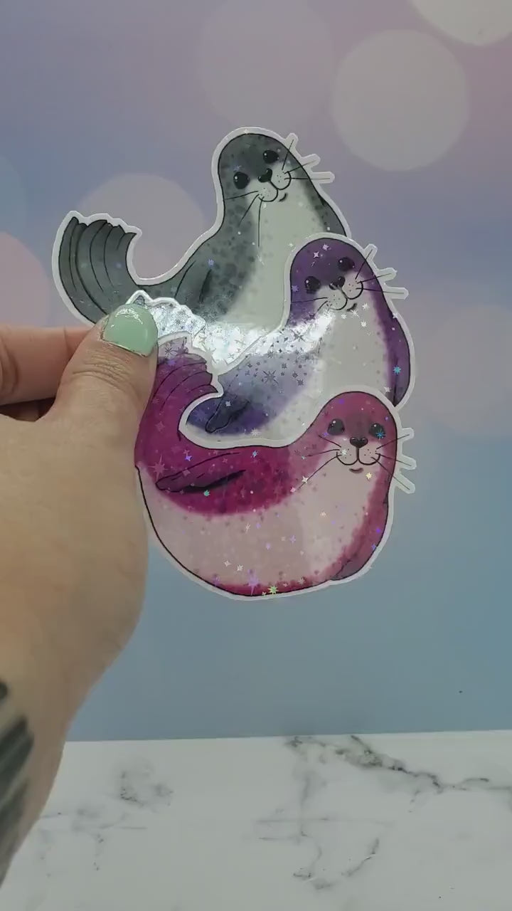 Happy Holo Seal Sticker Gray - Holographic Animal, Stars, Kawaii Ocean Aesthetic Waterbottle Laptop Decor