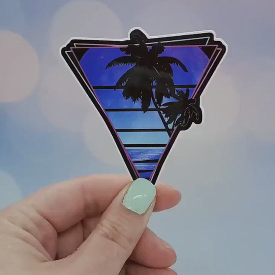 Neon Moonrise Triangle Sticker - Vaporwave 1980s 1990s Y2K, Space, Synthwave Lunar Palm Trees Waterbottle Laptop Decor