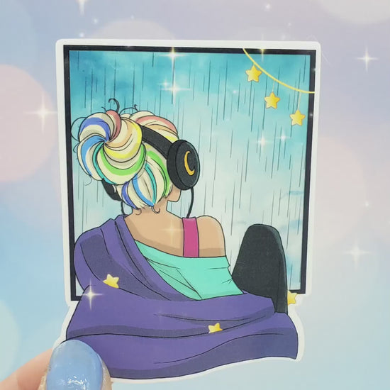 Lofi Rainy Day Sticker - Kawaii Anime Aesthetic, Bun Girl, Moon Stars Waterbottle Laptop Decor