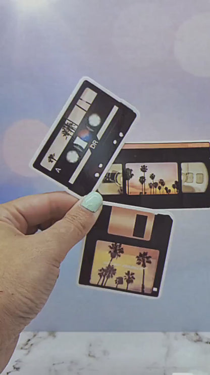 Retro Floppy Disk Vinyl Sticker - 1980s Palm Tree Aesthetic, Nostalgic Sunset Beach 1990s Waterbottle Laptop Decor Vaporwave