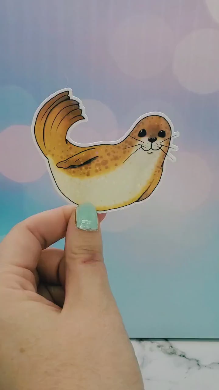 Happy Holo Seal Sticker Yellow - Holographic Animal, Stars, Kawaii Ocean Aesthetic, Banana Pose Waterbottle Laptop Decor