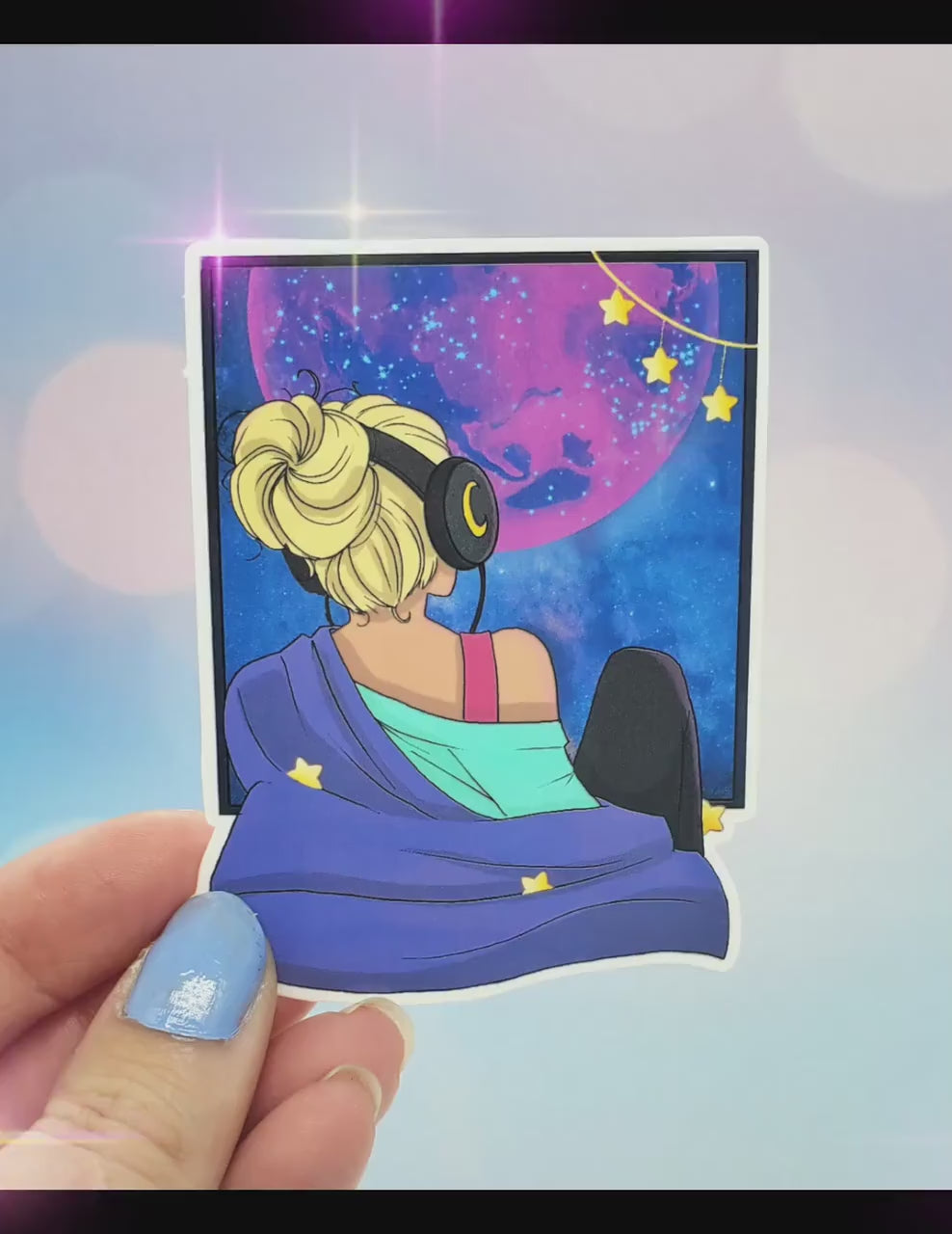 Lofi Galaxy Sticker - Kawaii Anime Aesthetic, Space Bun Girl, Moon Stars Celestial, Waterbottle Laptop Decor