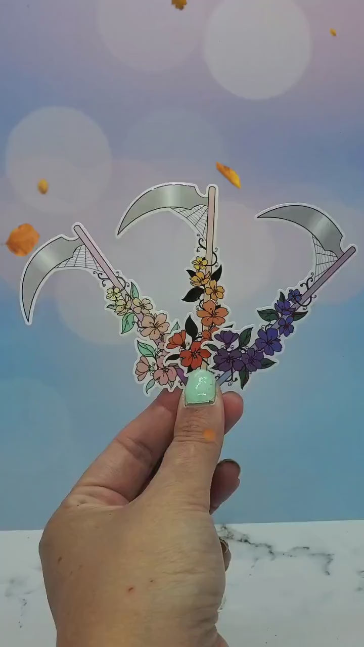 3pk Floral Scythe Vinyl Stickers - Pastel Goth, Halloween, Dark Cottagecore, Waterbottle Laptop Decor