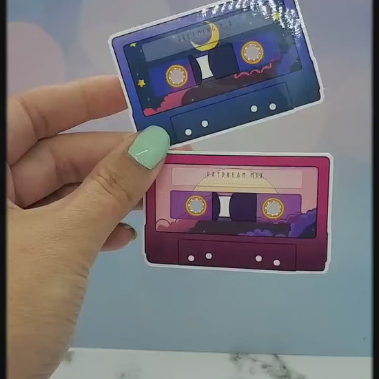 HOLO Dreamy Cassette Sticker 2pk - 1980s 1990s Y2K Kawaii Anime Aesthetic, Moon Stars Sun, Retro Nostalgia, Waterbottle Laptop Decor