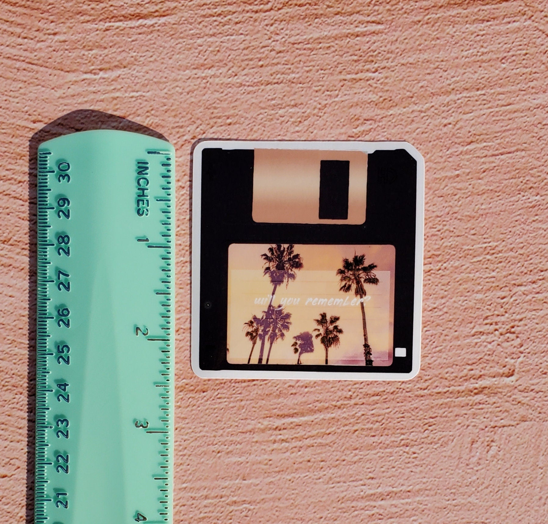 Retro Floppy Disk Vinyl Sticker - 1980s Palm Tree Aesthetic, Nostalgic Sunset Beach 1990s Waterbottle Laptop Decor Vaporwave