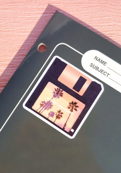 Retro Floppy Disk Vinyl Sticker - 1980s Palm Tree Aesthetic, Nostalgic Sunset Beach 1990s Waterbottle Laptop Decor Vaporwave