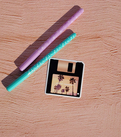 Retro Floppy Disk Vinyl Sticker - 1980s Palm Tree Aesthetic, Nostalgic Sunset Beach 1990s Waterbottle Laptop Decor Vaporwave