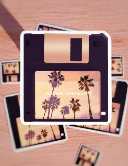 Retro Floppy Disk Vinyl Sticker - 1980s Palm Tree Aesthetic, Nostalgic Sunset Beach 1990s Waterbottle Laptop Decor Vaporwave