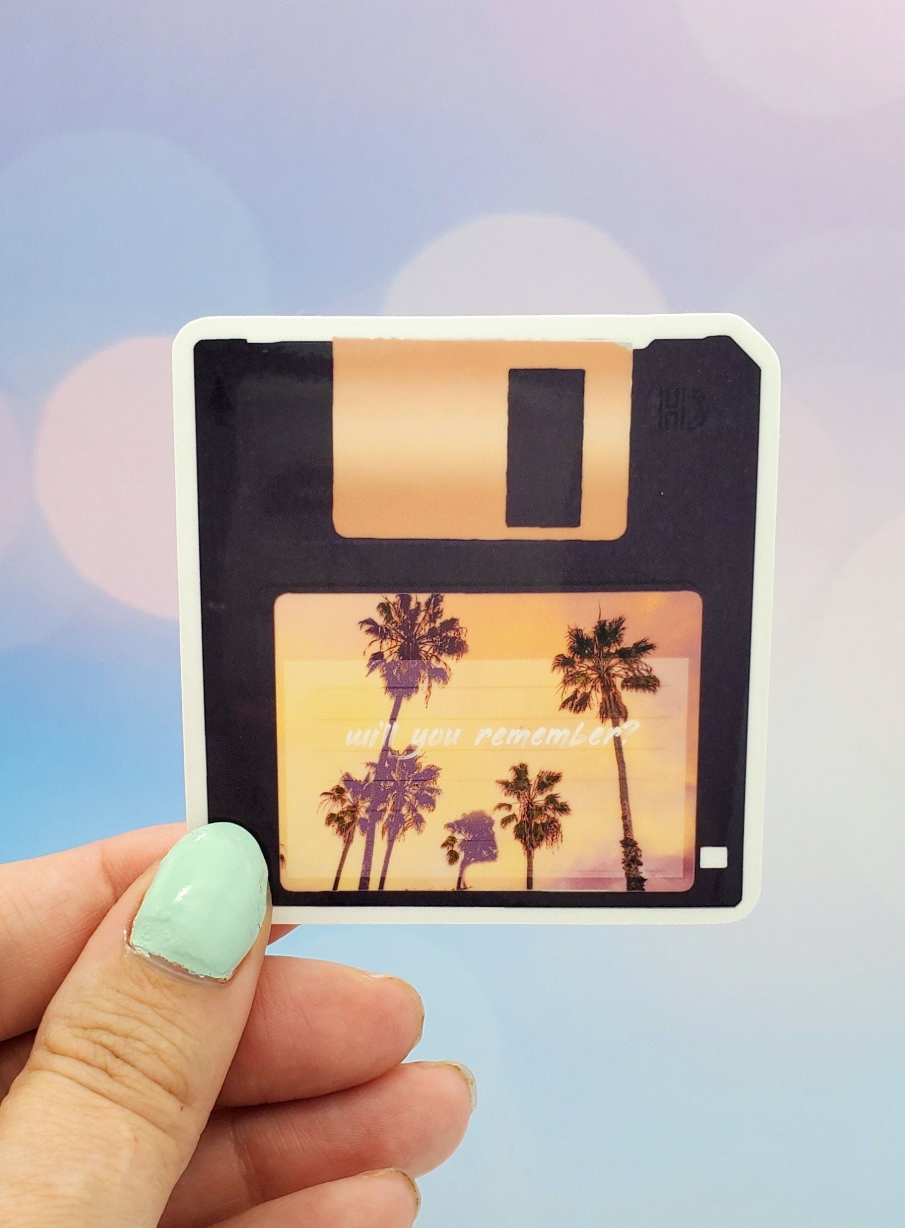 Retro Floppy Disk Vinyl Sticker - 1980s Palm Tree Aesthetic, Nostalgic Sunset Beach 1990s Waterbottle Laptop Decor Vaporwave
