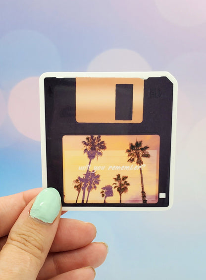 Retro Floppy Disk Vinyl Sticker - 1980s Palm Tree Aesthetic, Nostalgic Sunset Beach 1990s Waterbottle Laptop Decor Vaporwave
