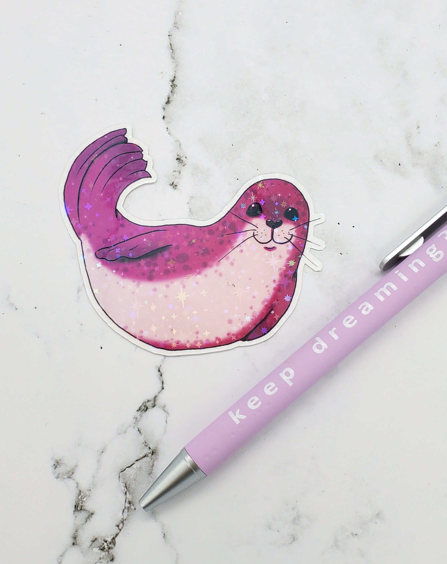 Happy Holo Seal Sticker Pink