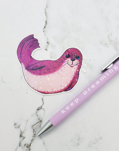 Happy Holo Seal Sticker Pink